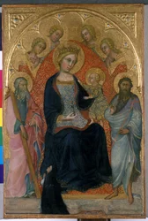 Thronende Madonna mit Kind, vier Engeln, zwei Heiligen und einem Wohltäter